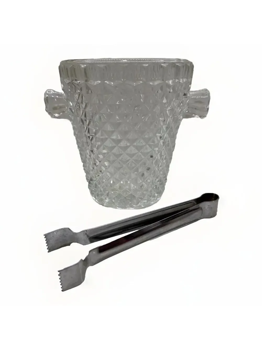 Vintage Crystal Cut Glass Ice Bucket with Tongs Anchor Hocking Wexford Pattern